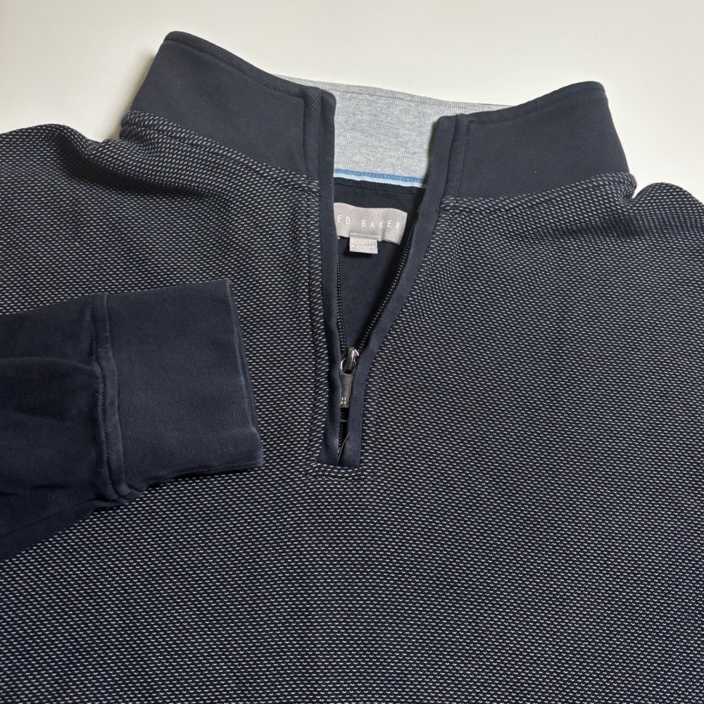 Ted Baker Navy Blue Textured Quarter Zip Mens Xl Pullover Sweater Buisnes Casual